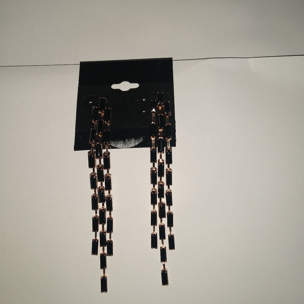 BLack baguette dangle post back earrings 4" long 3 strands gold plated E… - Picture 6 of 6
